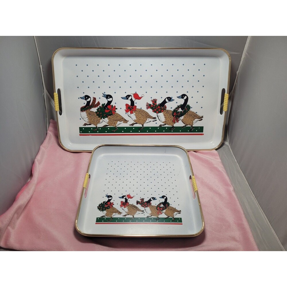 Vintage Christmas Canadian Geese 2 pc Set Lacquer Tray Market Place Japan Retro